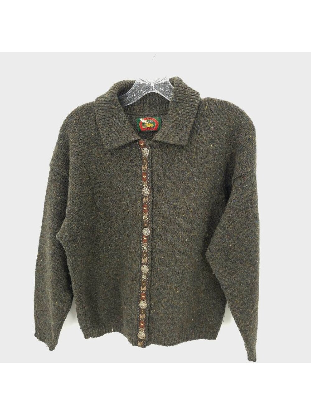 Alps Cardigan Sweater Womens L Green Tweed Wool Button USA Old Money Vintage